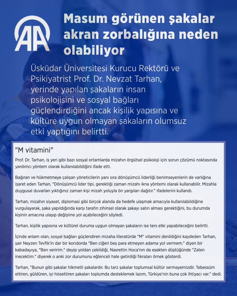 Mizah, doğru kullanıldığında sosyal bağları güçlendiren ve önyargıları yıkan güçlü bir araçtır ancak kişilik ve kültüre uygun olmayan şakalar ters etki yapabilir. 